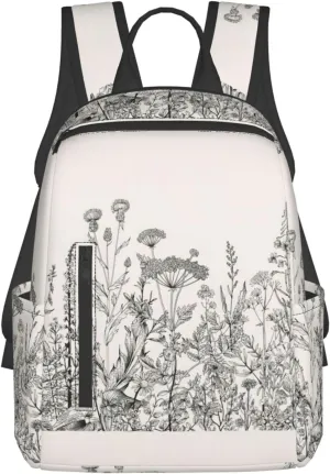 BREAUX Floral Herbs Botanical Engraving Lightweight Backpack Travel Shoulder Bag Laptop Backpack High Density Twill Composite Fabric