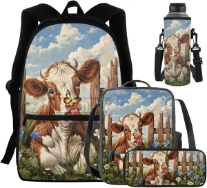 Brown Cow Backpack for Girls Boys Butterfly Flower Lunch Box for School Practical Pencil Case with Zipper Novelty Water Bottle Holder for Teens 4PCS Backpack Set for Students Gifts