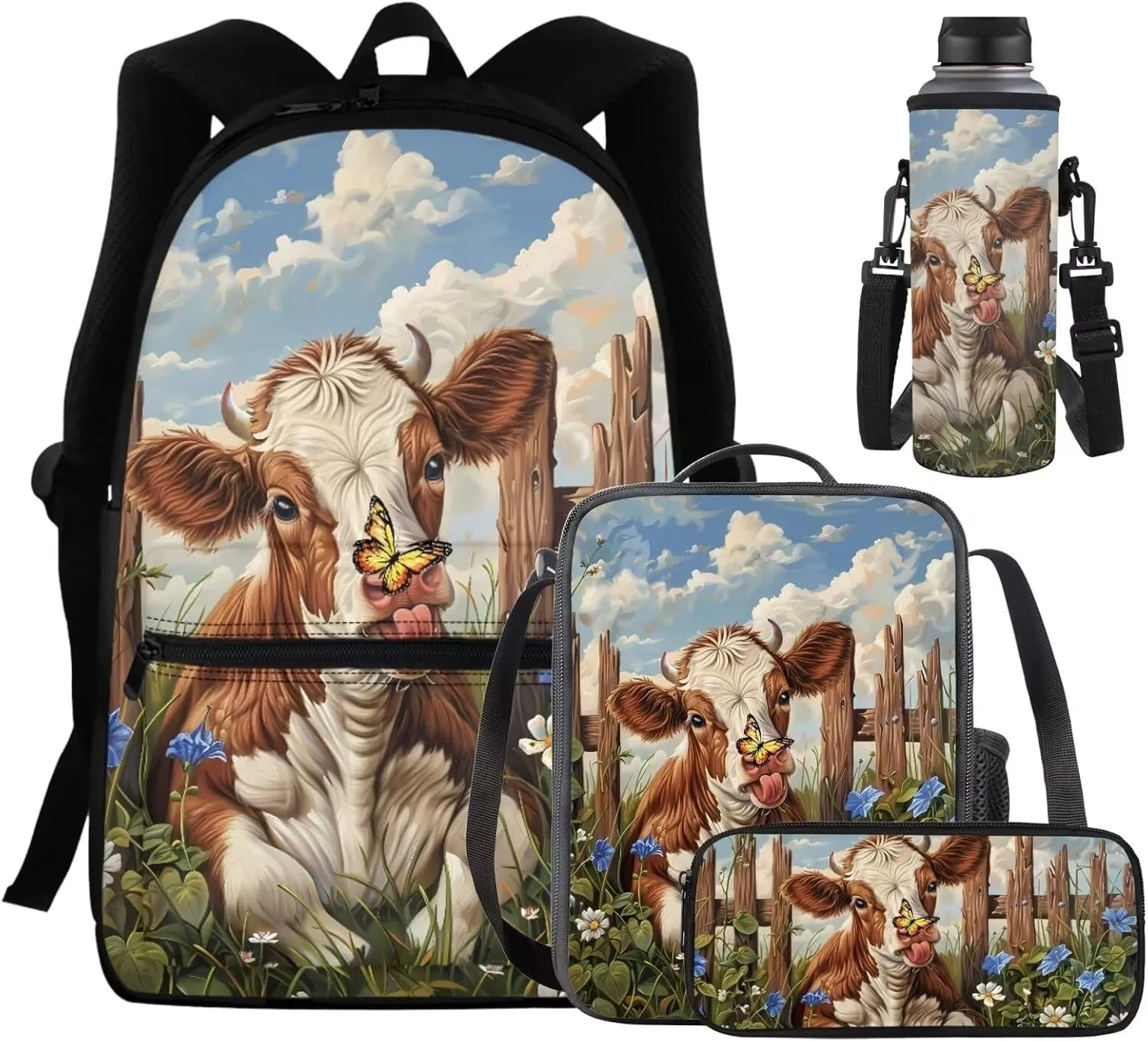 Brown Cow Backpack for Girls Boys Butterfly Flower Lunch Box for School Practical Pencil Case with Zipper Novelty Water Bottle Holder for Teens 4PCS Backpack Set for Students Gifts