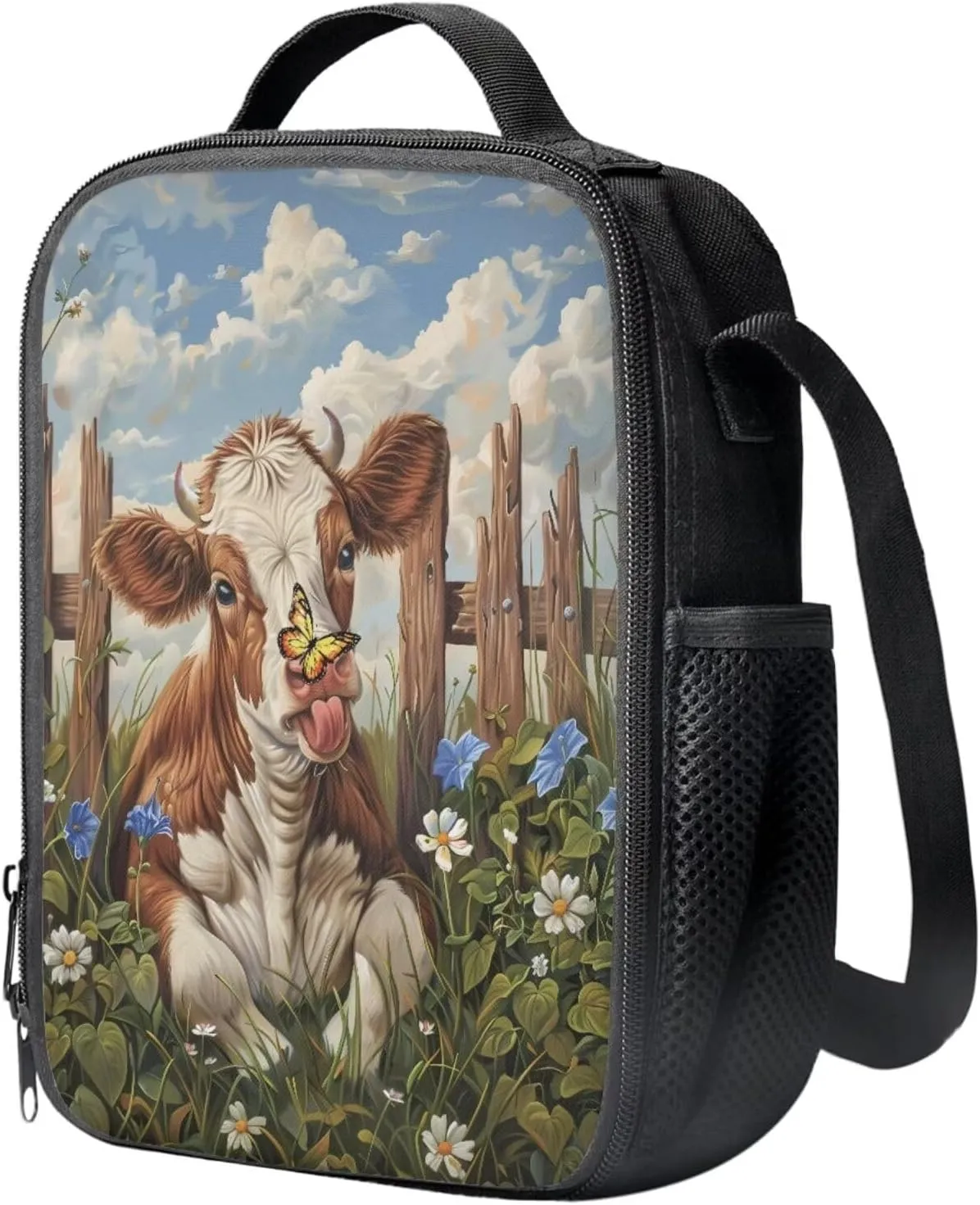 Brown Cow Backpack for Girls Boys Butterfly Flower Lunch Box for School Practical Pencil Case with Zipper Novelty Water Bottle Holder for Teens 4PCS Backpack Set for Students Gifts