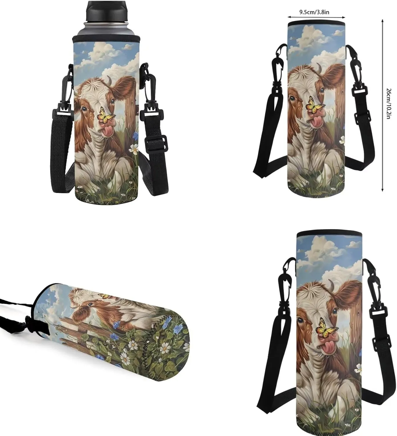 Brown Cow Backpack for Girls Boys Butterfly Flower Lunch Box for School Practical Pencil Case with Zipper Novelty Water Bottle Holder for Teens 4PCS Backpack Set for Students Gifts