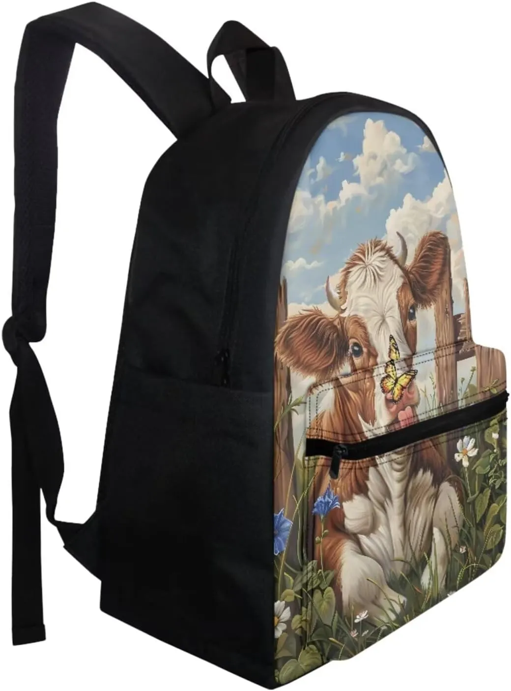 Brown Cow Backpack for Girls Boys Butterfly Flower Lunch Box for School Practical Pencil Case with Zipper Novelty Water Bottle Holder for Teens 4PCS Backpack Set for Students Gifts