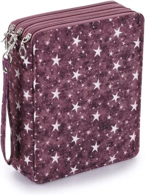 BTSKY Colored Pencil Case- 120 Slots Pencil Holder Pen Bag Large Capacity Pencil Organizer with Handle Strap Handy Colored Pencil Box with Printing Pattern Purple Star