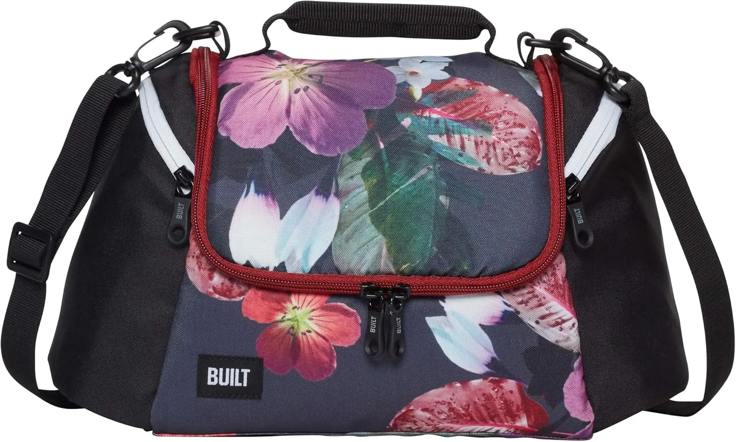 BUILT All Day Water-Resistant Insulated Fabric Lunch Bag with Zip Closure, Removable Shoulder Strap, Extra Storage Pockets - Large Capacity for Work, School, Outdoor, Meal Prep (Midnight Botanical)