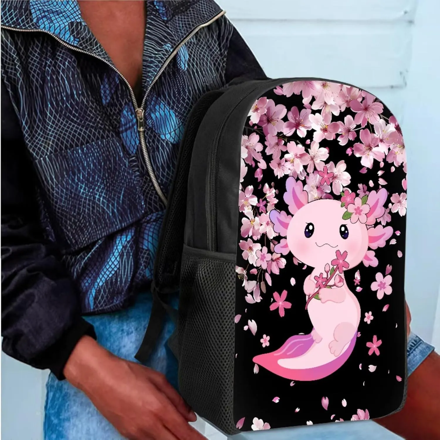 Bulopur Axolotl Backpack Set for Girls with Lunch Box and Pencil Case 3 Pcs Cherry Blossom Bookbag For Middle School Girls Insulated Thermal Crossbody Bag Pencil Pouch Children's Rucksack