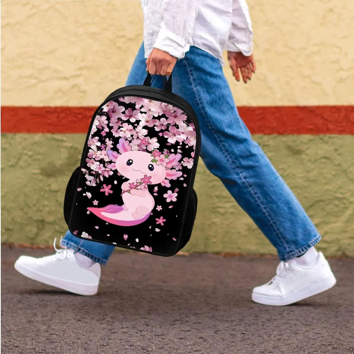 Bulopur Axolotl Backpack Set for Girls with Lunch Box and Pencil Case 3 Pcs Cherry Blossom Bookbag For Middle School Girls Insulated Thermal Crossbody Bag Pencil Pouch Children's Rucksack