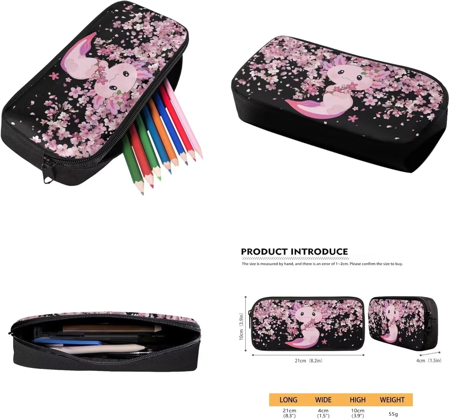 Bulopur Axolotl Backpack Set for Girls with Lunch Box and Pencil Case 3 Pcs Cherry Blossom Bookbag For Middle School Girls Insulated Thermal Crossbody Bag Pencil Pouch Children's Rucksack