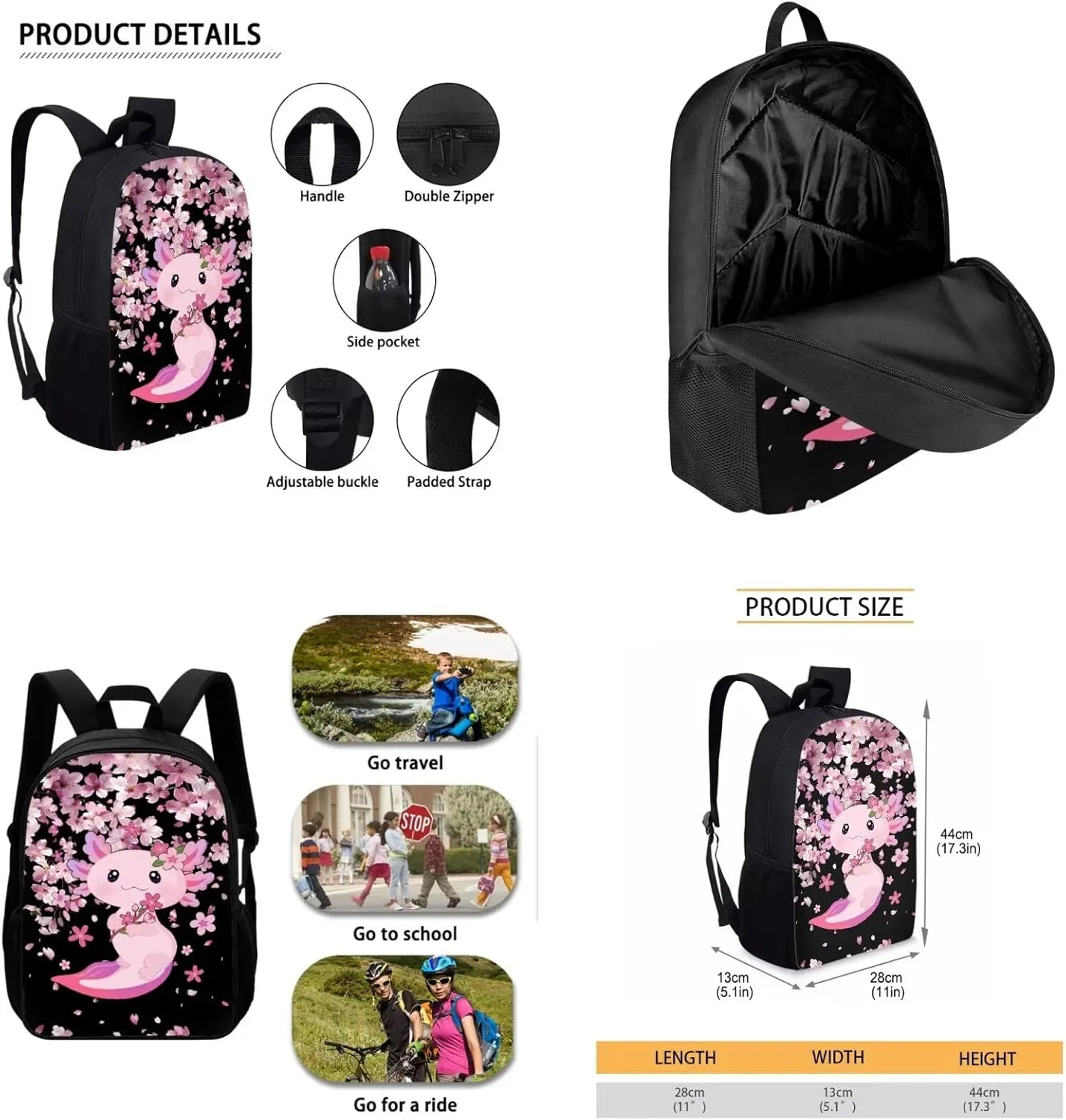 Bulopur Axolotl Backpack Set for Girls with Lunch Box and Pencil Case 3 Pcs Cherry Blossom Bookbag For Middle School Girls Insulated Thermal Crossbody Bag Pencil Pouch Children's Rucksack