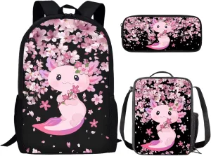 Bulopur Axolotl Backpack Set for Girls with Lunch Box and Pencil Case 3 Pcs Cherry Blossom Bookbag For Middle School Girls Insulated Thermal Crossbody Bag Pencil Pouch Children's Rucksack