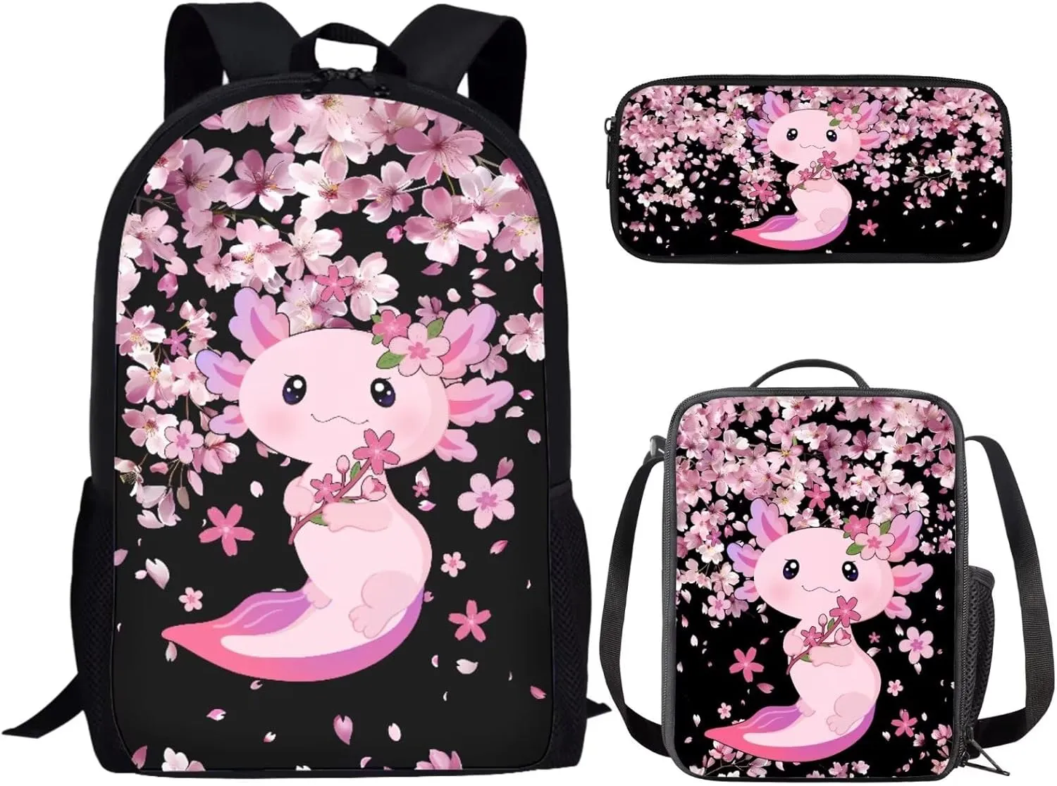 Bulopur Axolotl Backpack Set for Girls with Lunch Box and Pencil Case 3 Pcs Cherry Blossom Bookbag For Middle School Girls Insulated Thermal Crossbody Bag Pencil Pouch Children's Rucksack