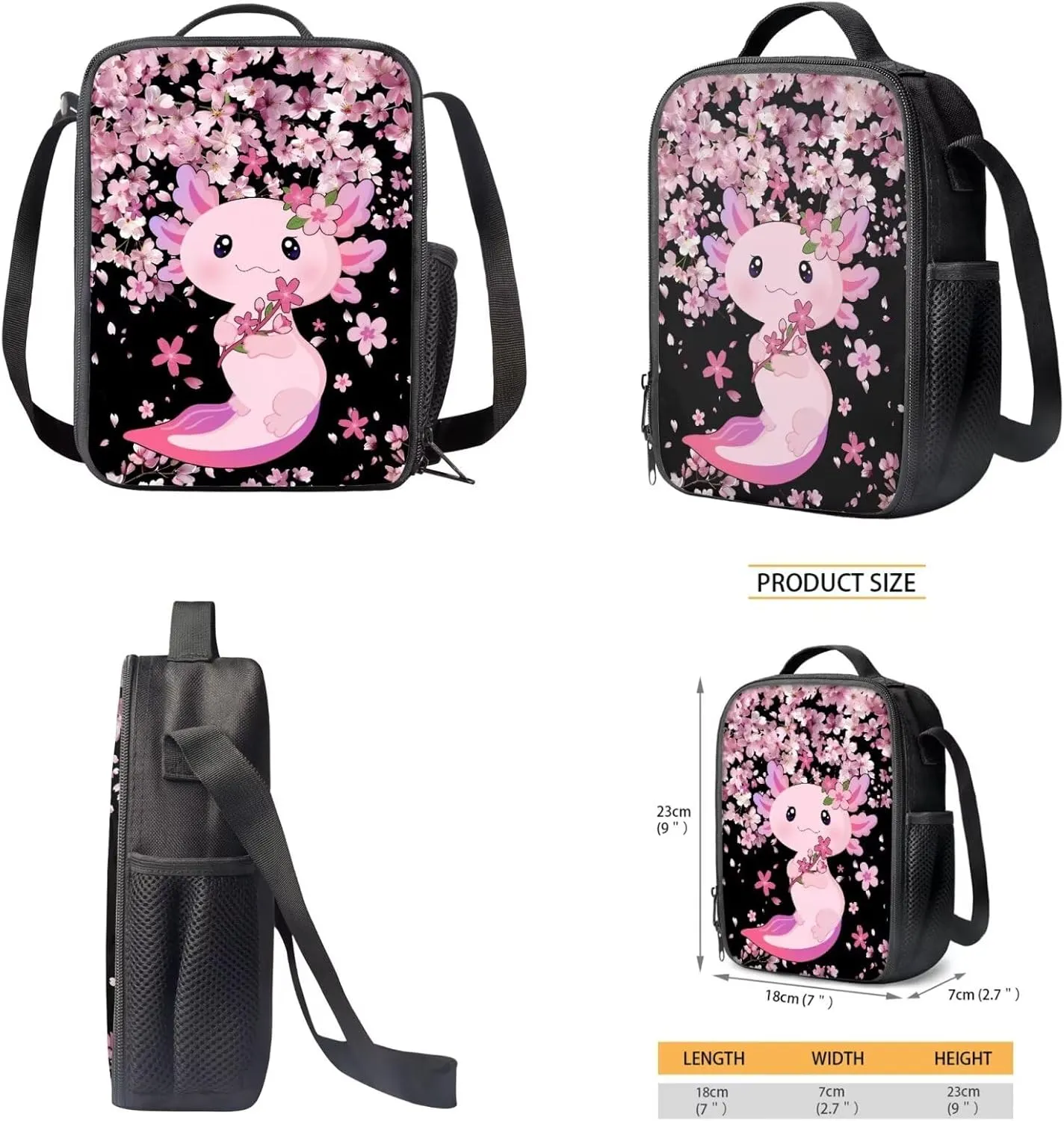 Bulopur Axolotl Backpack Set for Girls with Lunch Box and Pencil Case 3 Pcs Cherry Blossom Bookbag For Middle School Girls Insulated Thermal Crossbody Bag Pencil Pouch Children's Rucksack