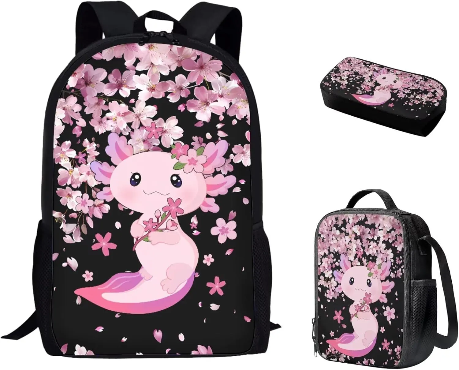 Bulopur Axolotl Backpack Set for Girls with Lunch Box and Pencil Case 3 Pcs Cherry Blossom Bookbag For Middle School Girls Insulated Thermal Crossbody Bag Pencil Pouch Children's Rucksack