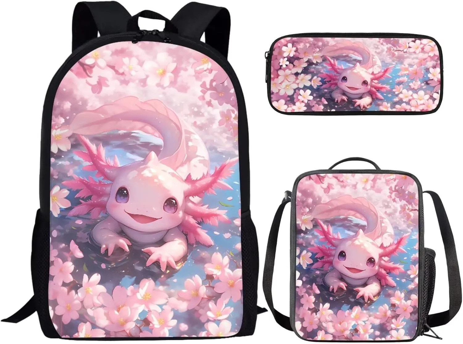 Bulopur Axolotl Backpack with Lunchbox and Pencil Case Set for Girls Cherry Blossom School Backpack Kids Preschool Kindergarten Bookbag Set Daypack Back to School Gifts