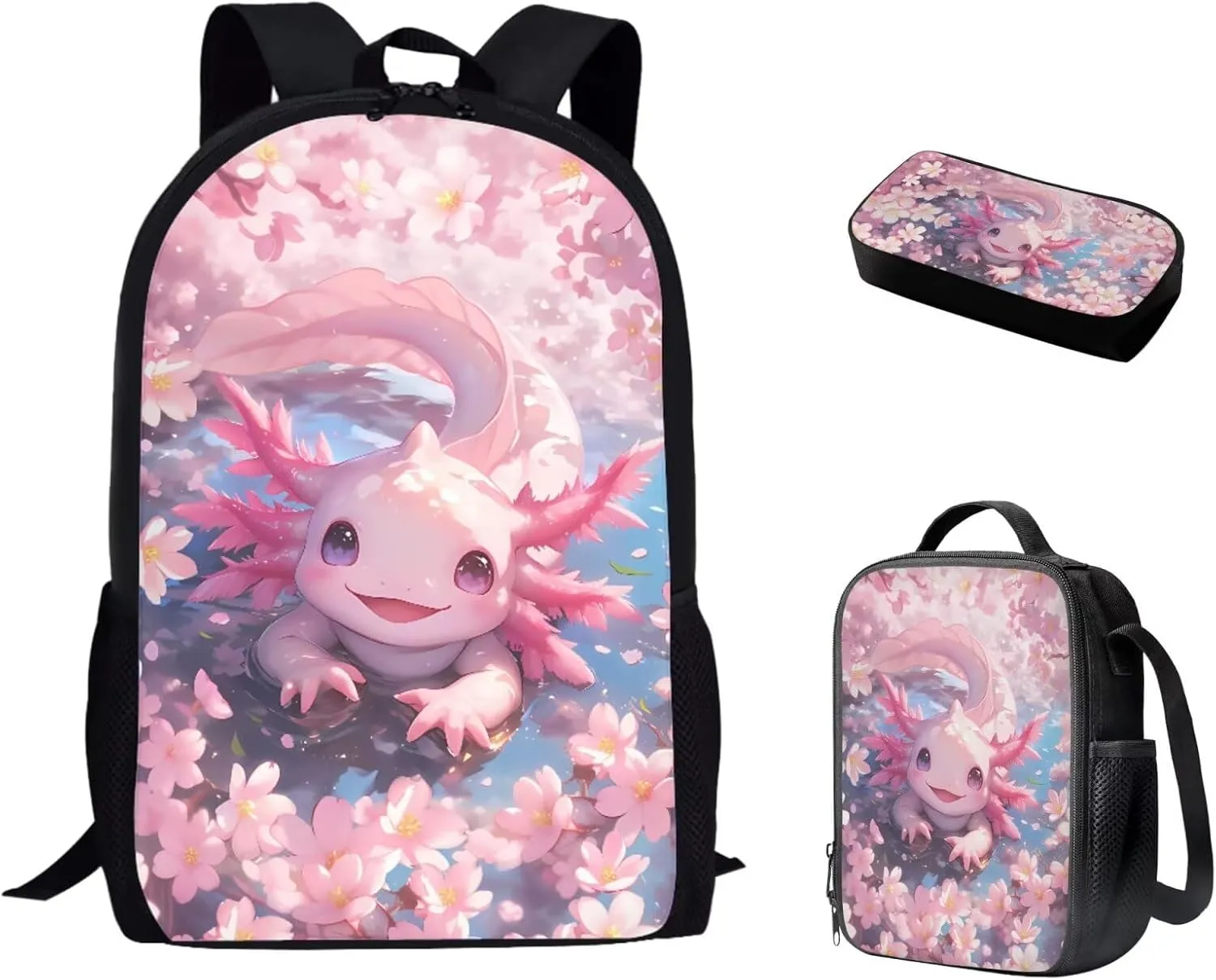 Bulopur Axolotl Backpack with Lunchbox and Pencil Case Set for Girls Cherry Blossom School Backpack Kids Preschool Kindergarten Bookbag Set Daypack Back to School Gifts