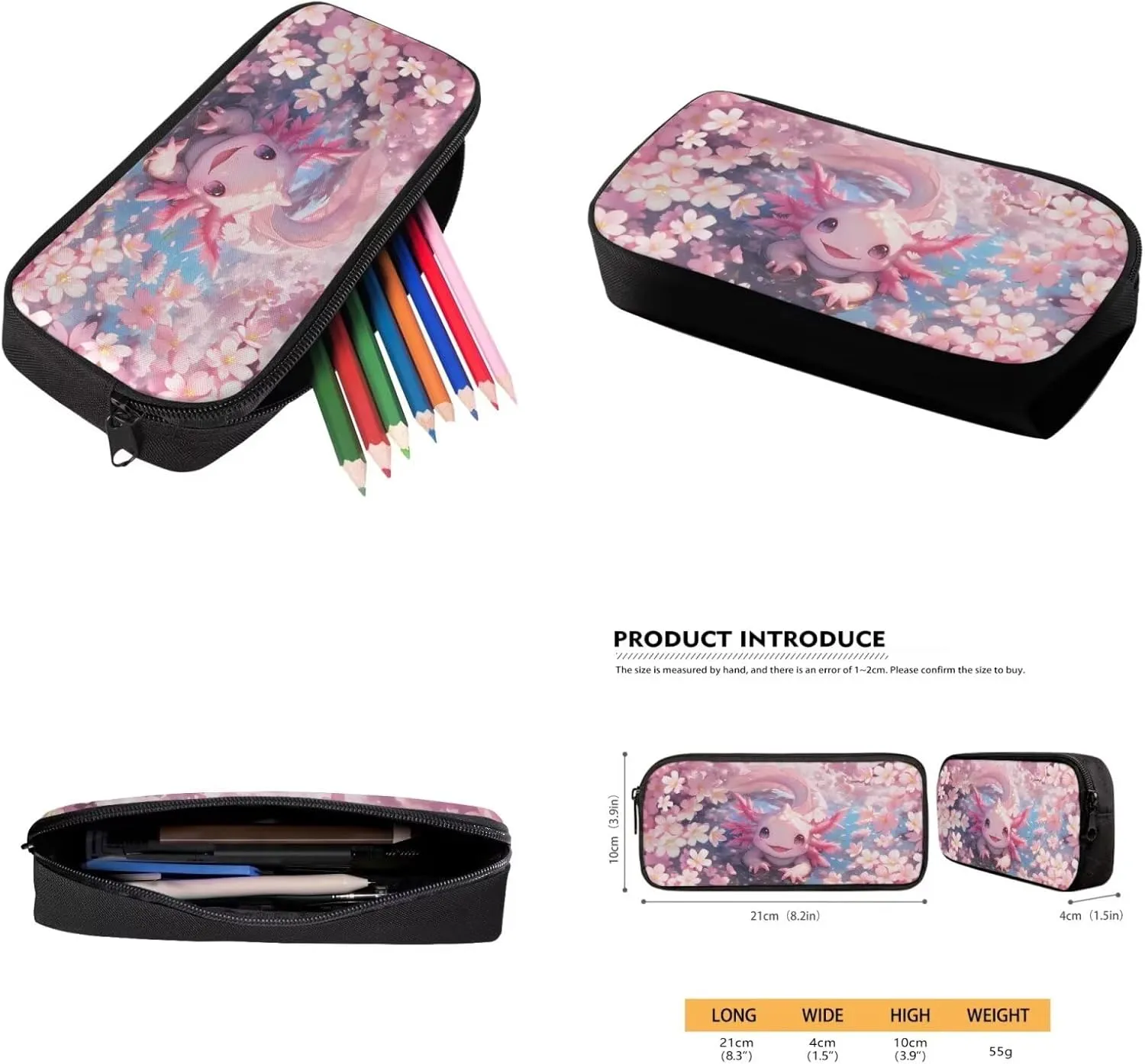 Bulopur Axolotl Backpack with Lunchbox and Pencil Case Set for Girls Cherry Blossom School Backpack Kids Preschool Kindergarten Bookbag Set Daypack Back to School Gifts