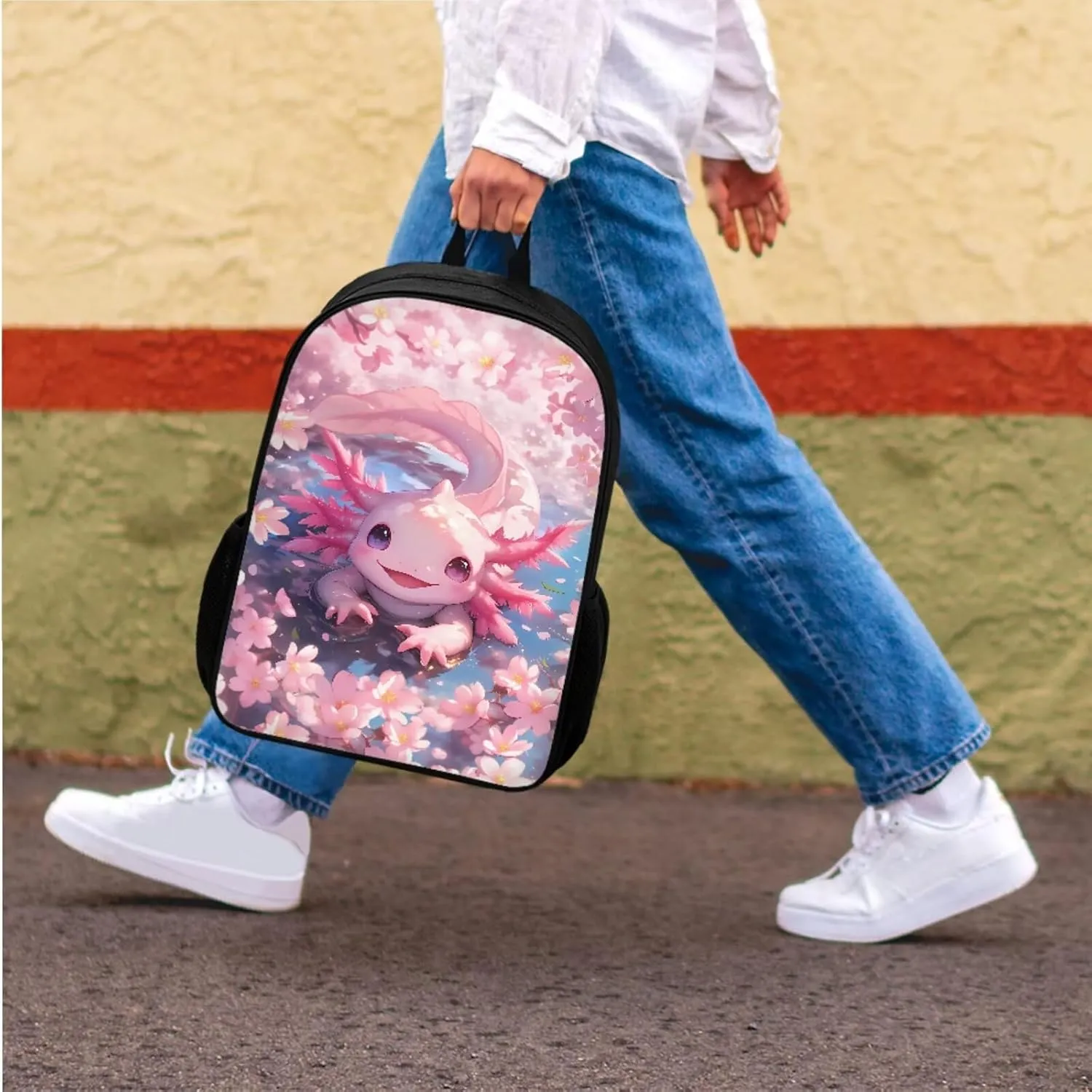 Bulopur Axolotl Backpack with Lunchbox and Pencil Case Set for Girls Cherry Blossom School Backpack Kids Preschool Kindergarten Bookbag Set Daypack Back to School Gifts