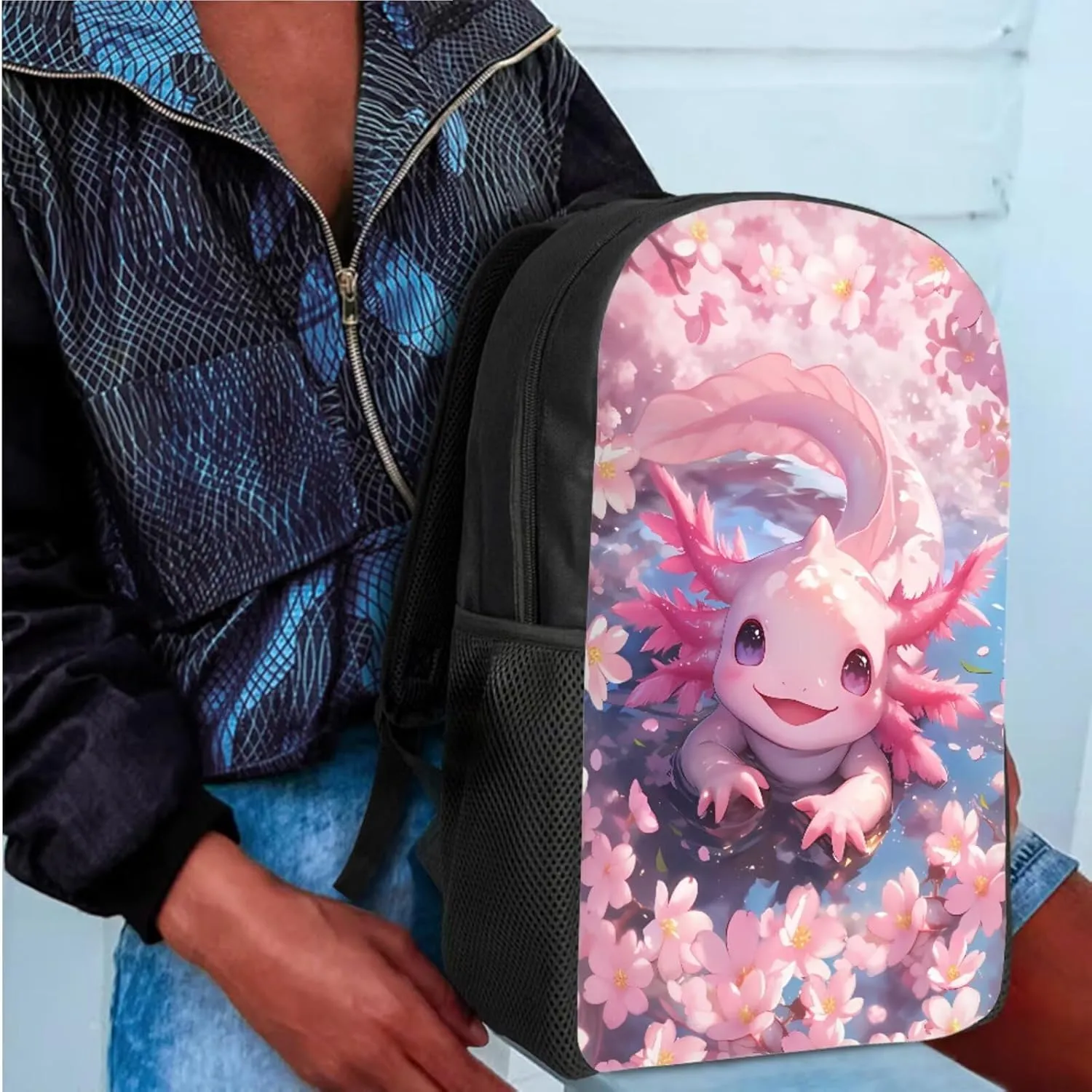 Bulopur Axolotl Backpack with Lunchbox and Pencil Case Set for Girls Cherry Blossom School Backpack Kids Preschool Kindergarten Bookbag Set Daypack Back to School Gifts