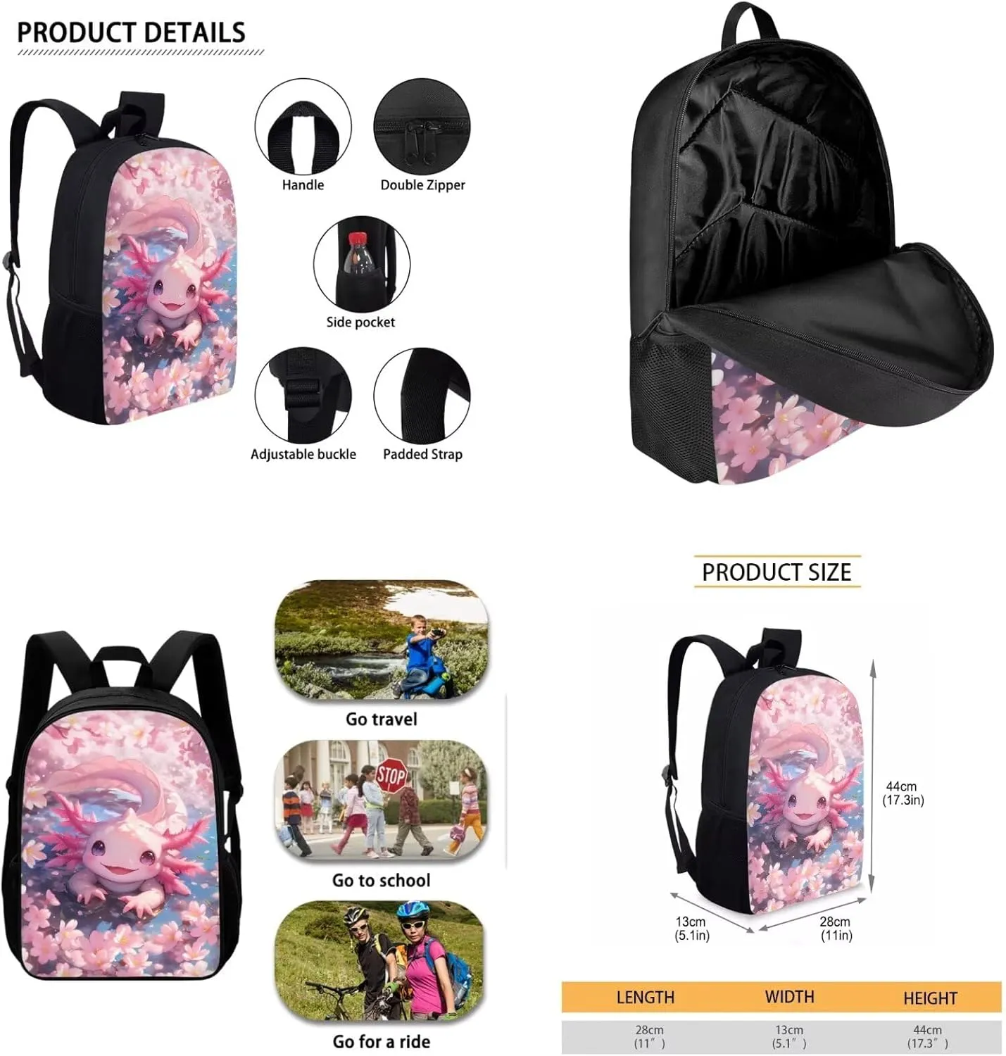 Bulopur Axolotl Backpack with Lunchbox and Pencil Case Set for Girls Cherry Blossom School Backpack Kids Preschool Kindergarten Bookbag Set Daypack Back to School Gifts