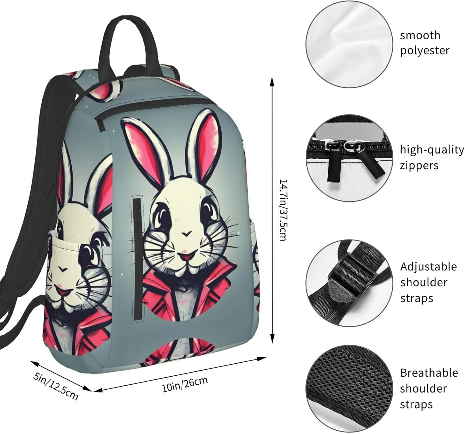 Bunny Rabbit print Lightweight Laptop Backpack Travel Daypack Bookbag for Women Men for Travel Work