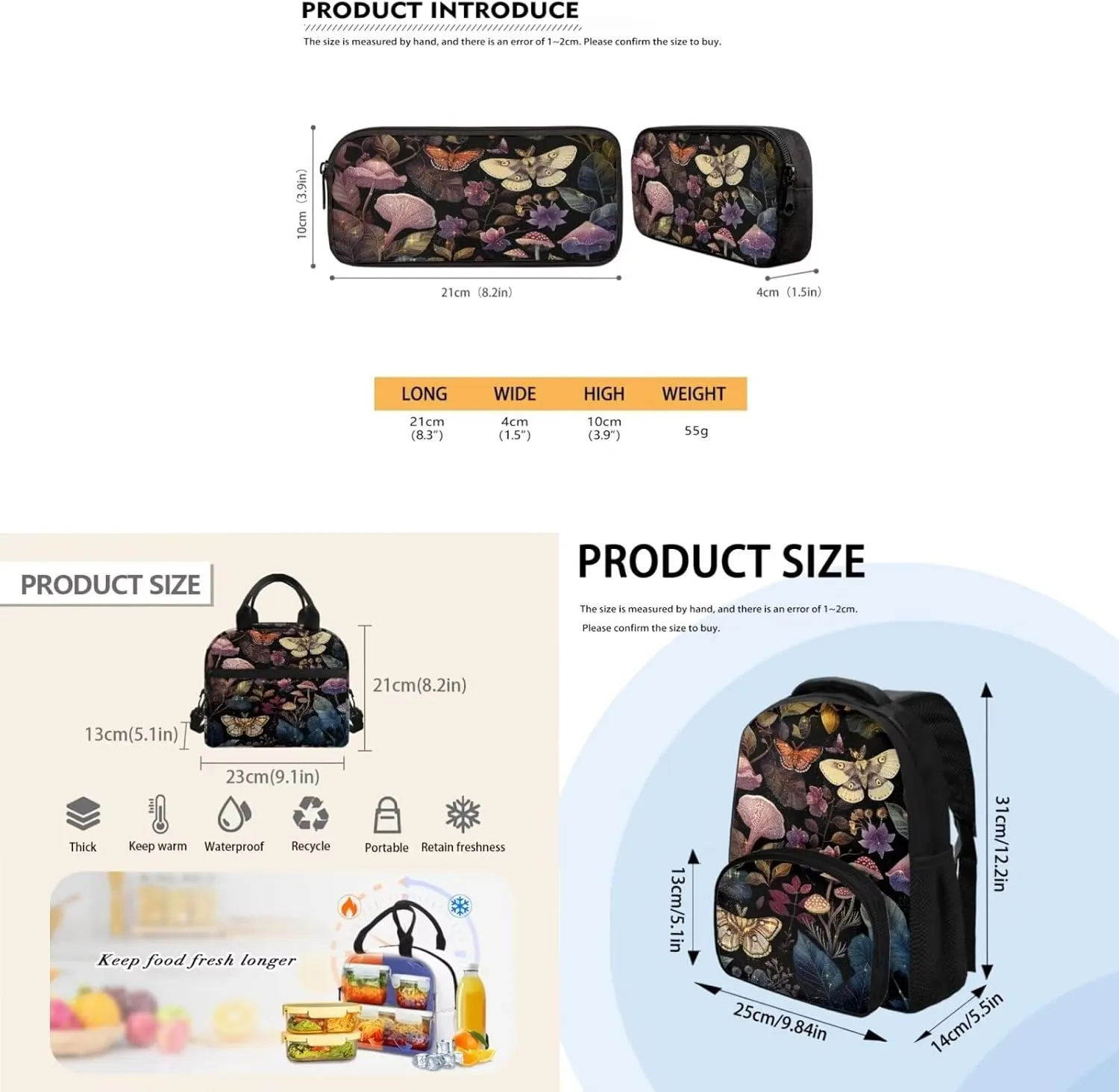 Butterfly Kids Backpack Childrens Backpack Backpack and Lunch-Bag Set for Girls Bookbag Set with Lunch Bag and Pencil Case School Bag for Boys Elementary School Fashion