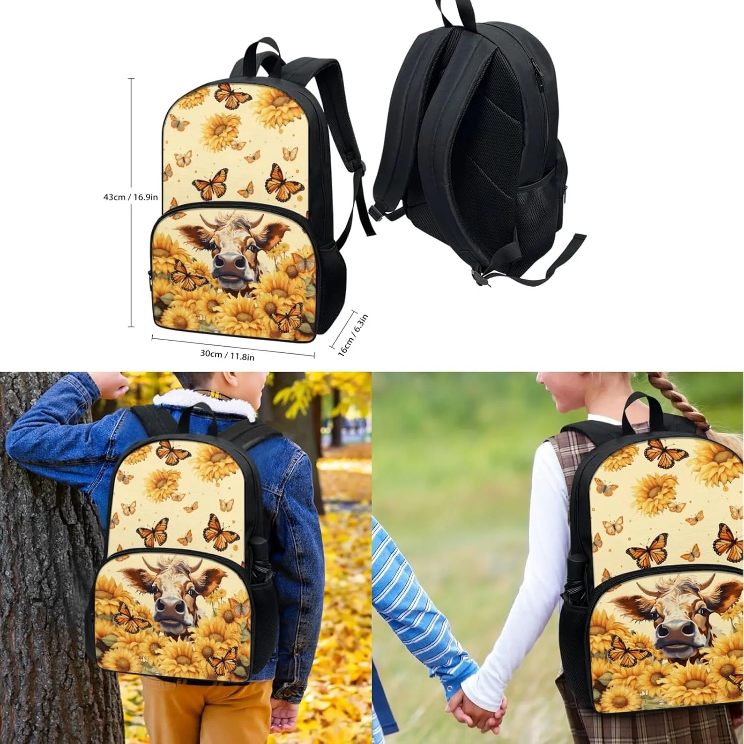 Butterfly Sunflower Cow Kids School Backpack with Cooler Warm Lunch Tote Portable Bag 2 Pcs Set for Primary School Students Bagpack Girls Boys Knapsack