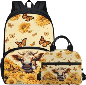 Butterfly Sunflower Cow Kids School Backpack with Cooler Warm Lunch Tote Portable Bag 2 Pcs Set for Primary School Students Bagpack Girls Boys Knapsack