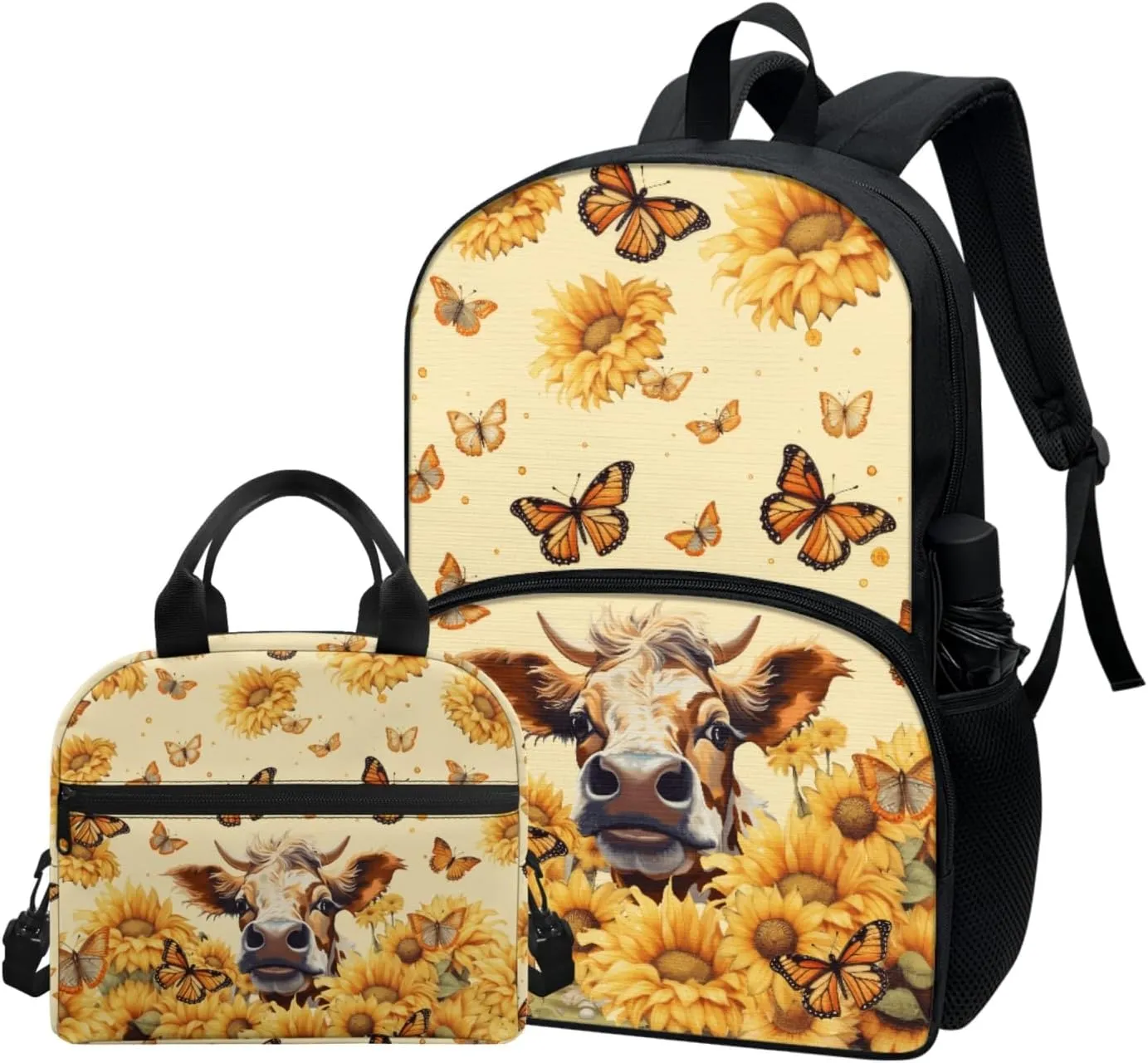 Butterfly Sunflower Cow Kids School Backpack with Cooler Warm Lunch Tote Portable Bag 2 Pcs Set for Primary School Students Bagpack Girls Boys Knapsack