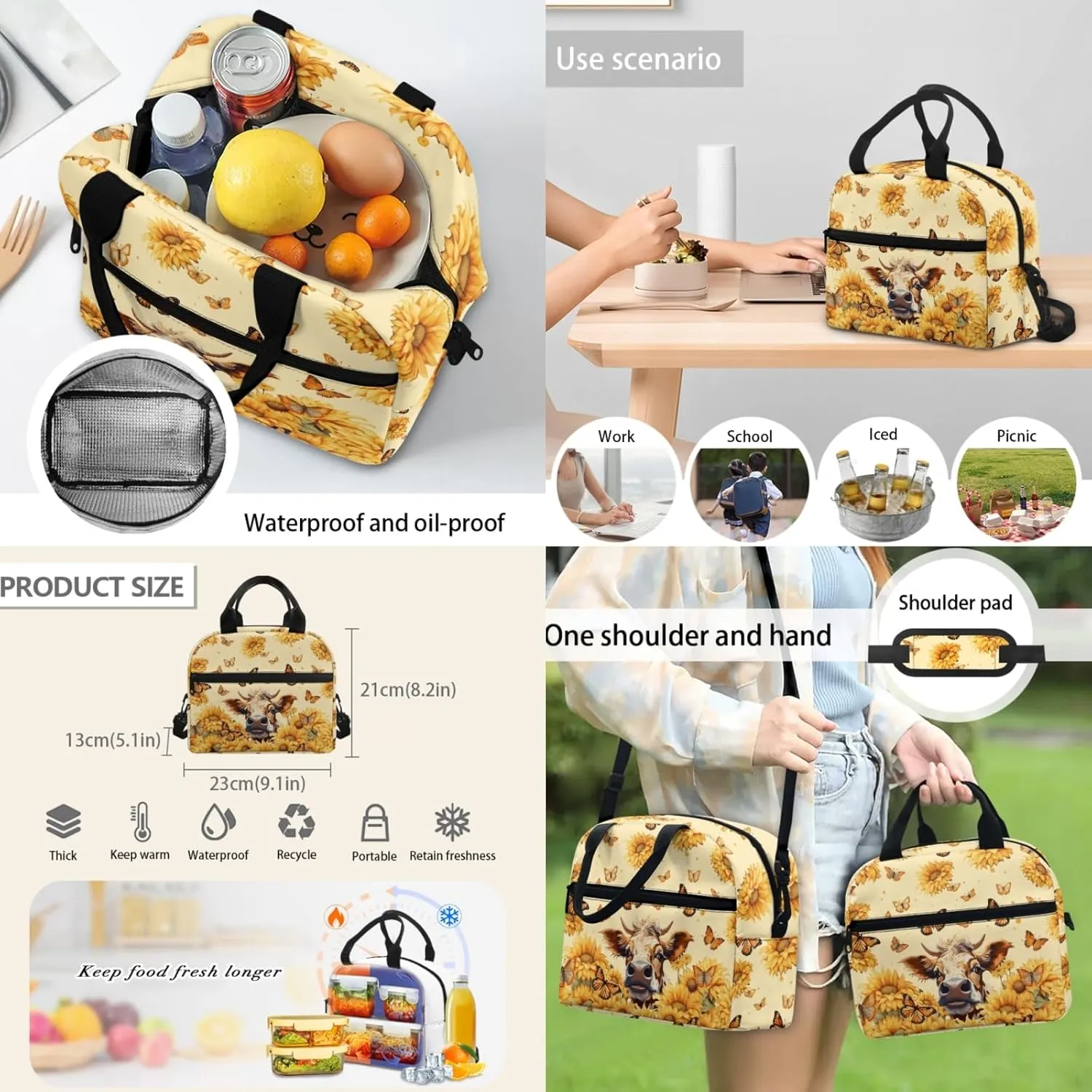 Butterfly Sunflower Cow Kids School Backpack with Cooler Warm Lunch Tote Portable Bag 2 Pcs Set for Primary School Students Bagpack Girls Boys Knapsack