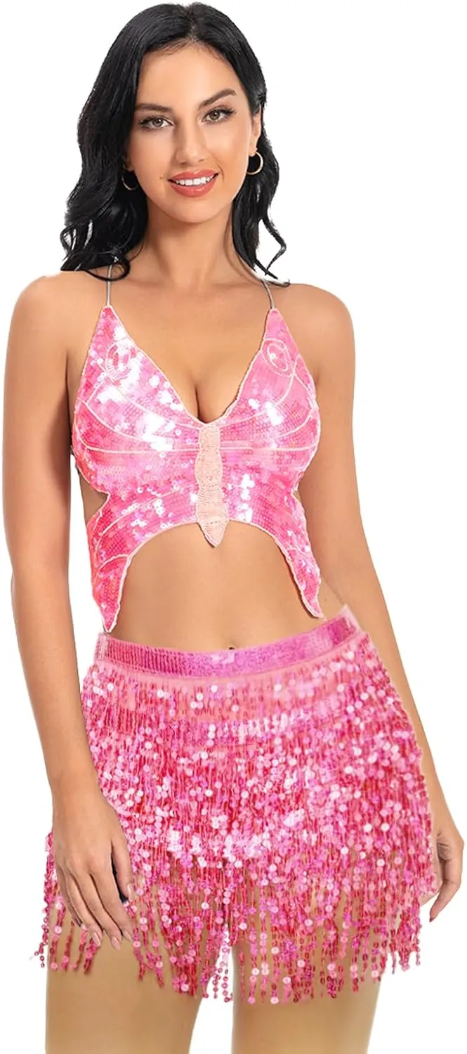 Butterfly Tops for Women Rave Tops, Sequin Halter Top, Sparkly Butterfly Crop Top, Dance Outfit, Halloween Costume
