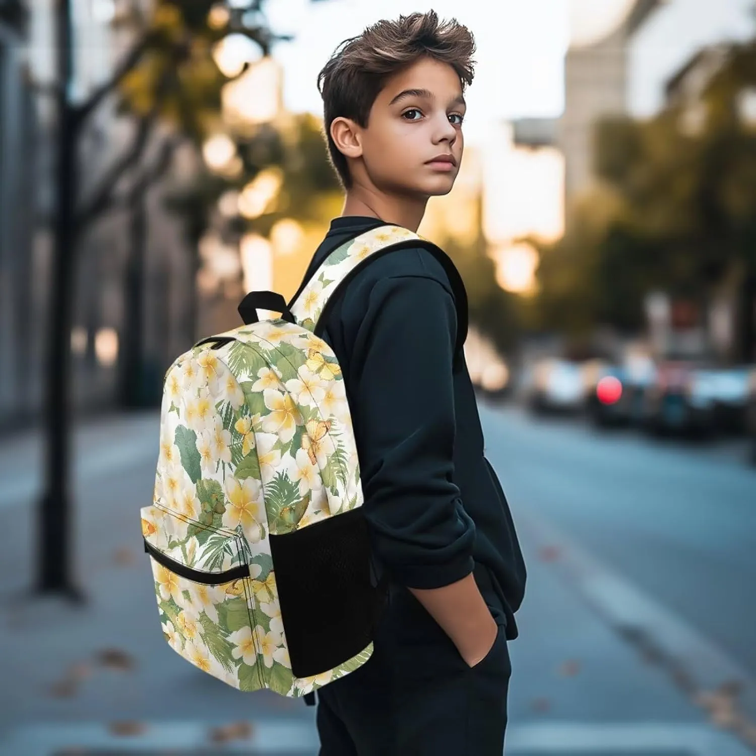 Butterfly Tropical Flower Mens Backpack Stylish Commuter Daypack with Zippers Design Unisex Travel Daily Holder Adjustable Waist Belt for Beach Traveling