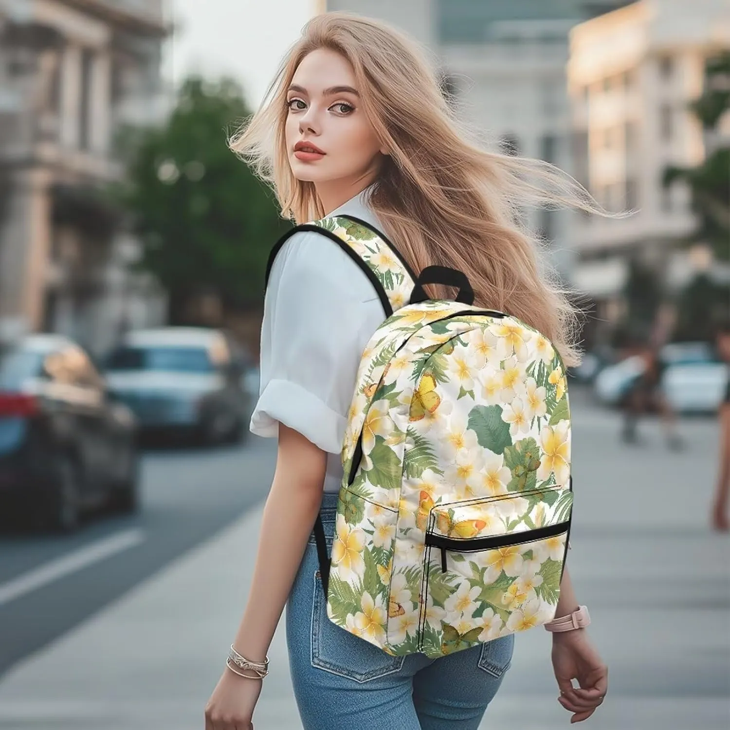 Butterfly Tropical Flower Mens Backpack Stylish Commuter Daypack with Zippers Design Unisex Travel Daily Holder Adjustable Waist Belt for Beach Traveling