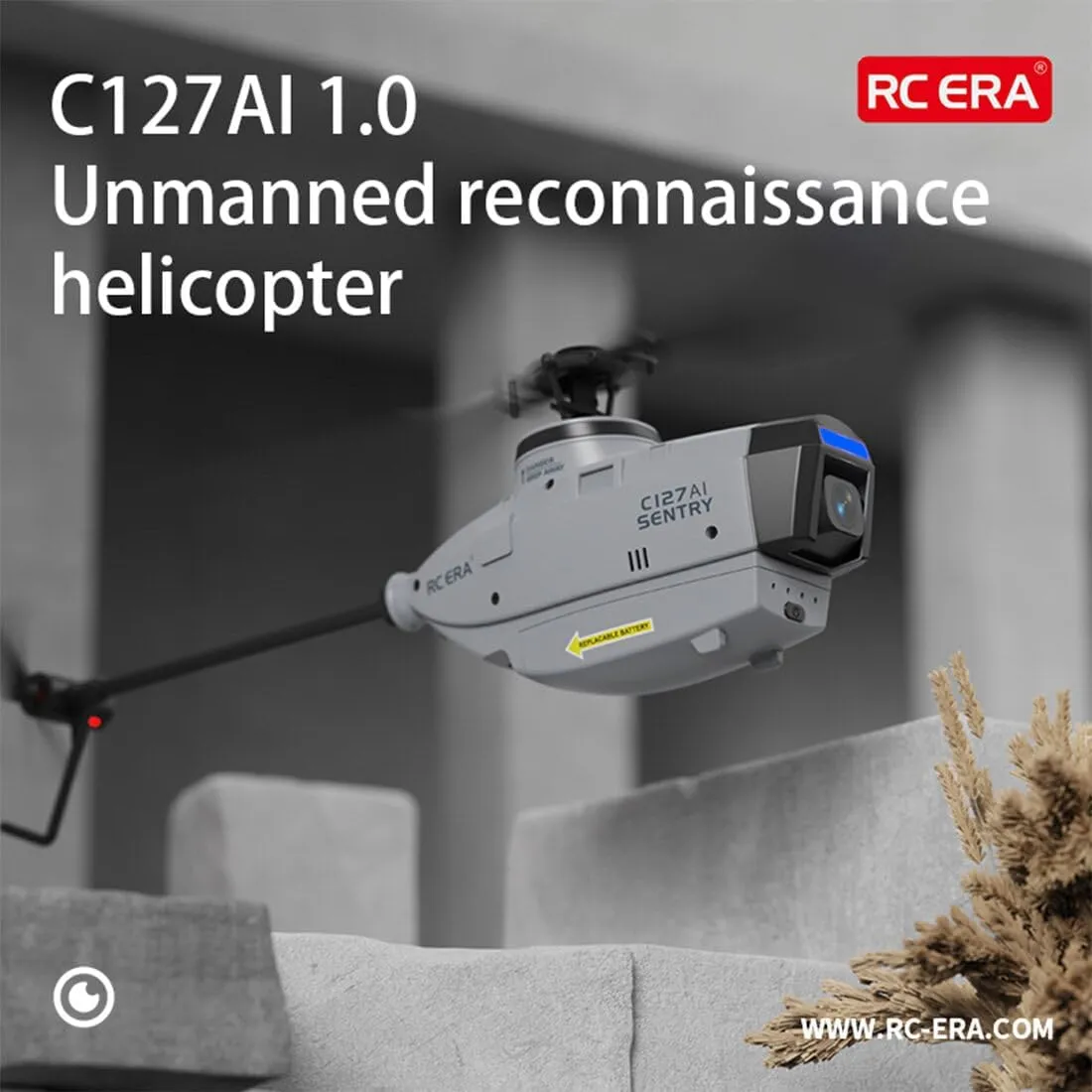 C127AI Scout RC Helicopter with 1080P Camera, 2.4G 4CH AI Intelligent Remote Control Helicopter Model with 6-Axis Gyro Landing Optical Flow Positioning (RTF Version/Grey/4 battery)