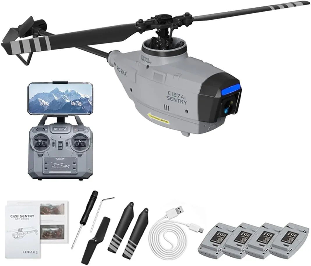 C127AI Scout RC Helicopter with 1080P Camera, 2.4G 4CH AI Intelligent Remote Control Helicopter Model with 6-Axis Gyro Landing Optical Flow Positioning (RTF Version/Grey/4 battery)