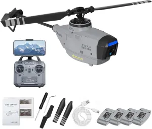 C127AI Scout RC Helicopter with 1080P Camera, 2.4G 4CH AI Intelligent Remote Control Helicopter Model with 6-Axis Gyro Landing Optical Flow Positioning (RTF Version/Grey/4 battery)