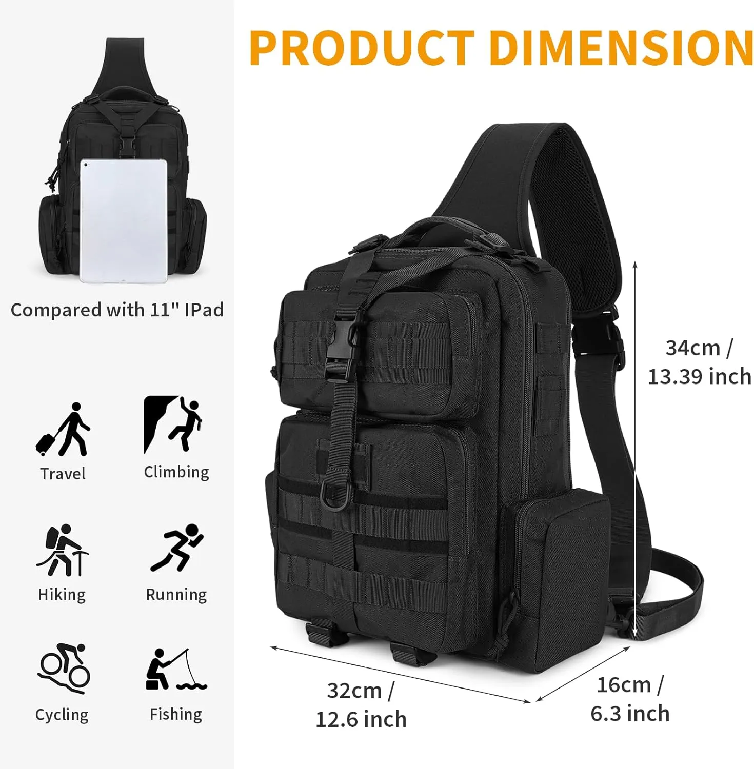 CamGo Large Tactical Shoulder Bag Large Molle Sling Backpack Military One Strap Daypack for Hiking Fishing Cycling Travel (01-Black)