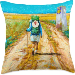 Camino de Santiago Pilgrim Walking Oil Painting Style Throw Pillow, 18x18, Multicolor