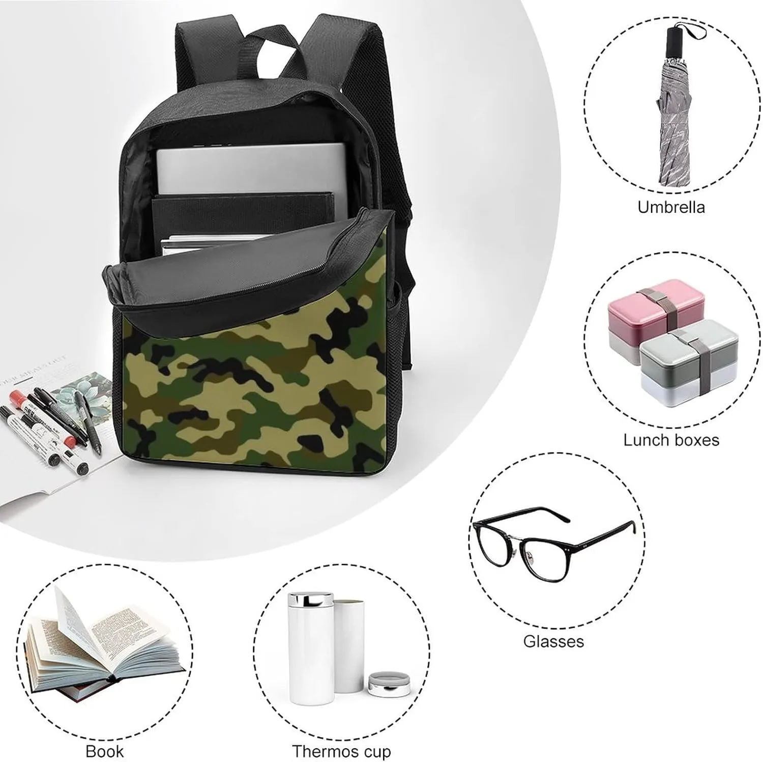 Camo Camouflage Green Backpack with Adjustable Straps, Suitable for Travel Picnics Activities