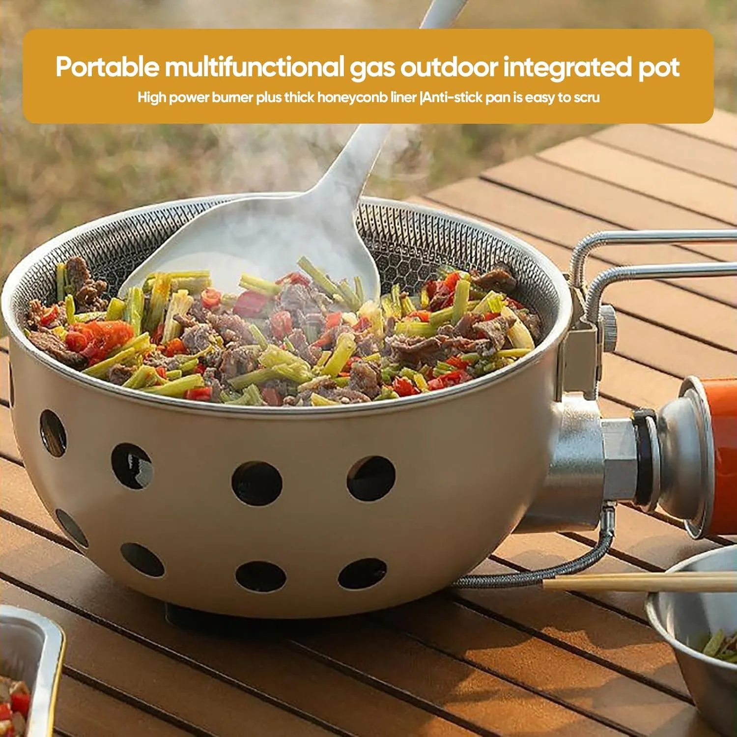 Camping Stove, Butane Burner, Portable Stove for Cooking and Stir-frying, Camping, Picnic Fishing Multi-functional Outdoor Integrated Pot (BLACK)