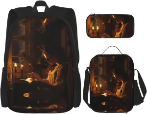 Candlelight Night Reading Print Travel Backpack For Women 3-Piece Set With Insulated Lunch Box,For Outdoor Travel