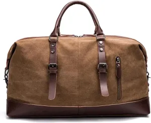 Canvas Travel Bag Men PU Leather Outdoor Luggage Travel Fitness Photography Bag Large Capacity Handbag Backpack(Dark Brown)