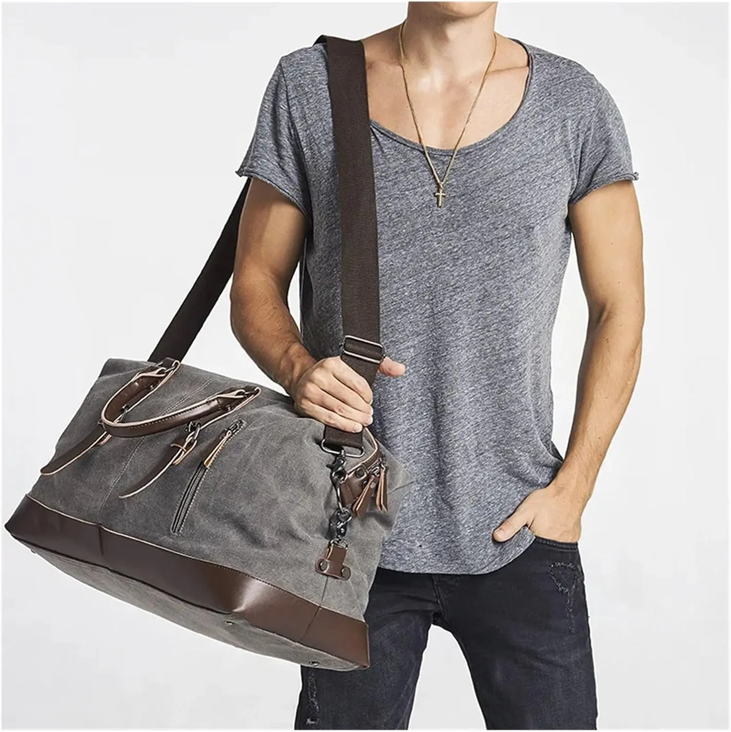 Canvas Travel Bag Men PU Leather Outdoor Luggage Travel Fitness Photography Bag Large Capacity Handbag Backpack(Dark Gray)