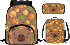 Capybara Backpack for Girls Preschool Lightweight Bookbag with Lunch Box and Pencil Case 3PCS School Back Pack Set for Little Boys Picnic Travel or Hiking Casual Daypack