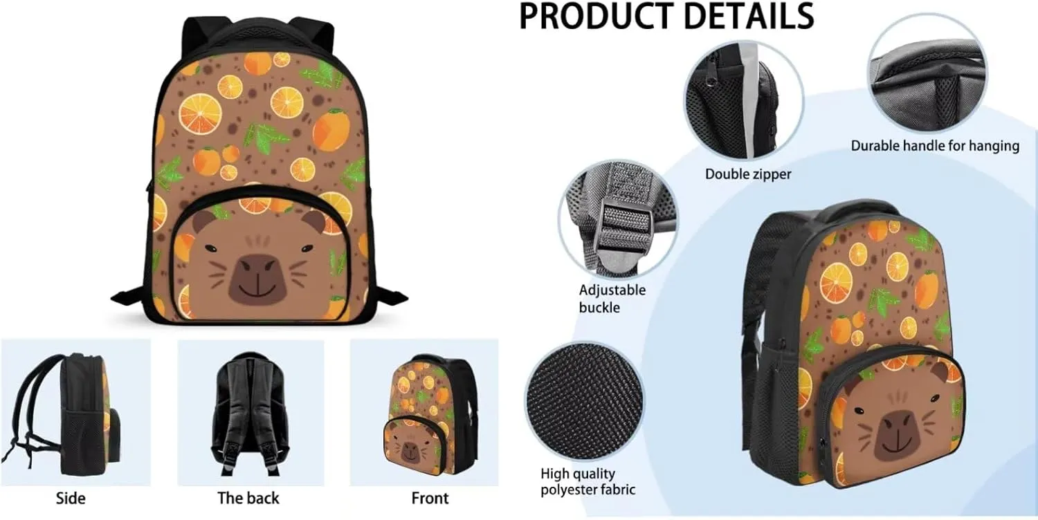 Capybara Backpack for Girls Preschool Lightweight Bookbag with Lunch Box and Pencil Case 3PCS School Back Pack Set for Little Boys Picnic Travel or Hiking Casual Daypack