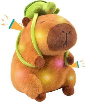 Capybara Plush Stuffed Animal Toy - 13" Light up & Plays Real Capybara Sounds Plushie with Wearable Turtle Backpack, Cute Birthday Gifts, Funny Capybara Pillow Stuffies for Baby Girls Boys Kids