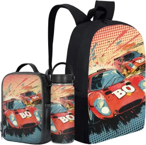 Car Backpack for 1St 2Nd Boys Bookbag with Lunch Bag Set,17 Inch School Bag for 3-12 Years Kids Cool Book Bags with Water Bottle for Children Back to School Gifts