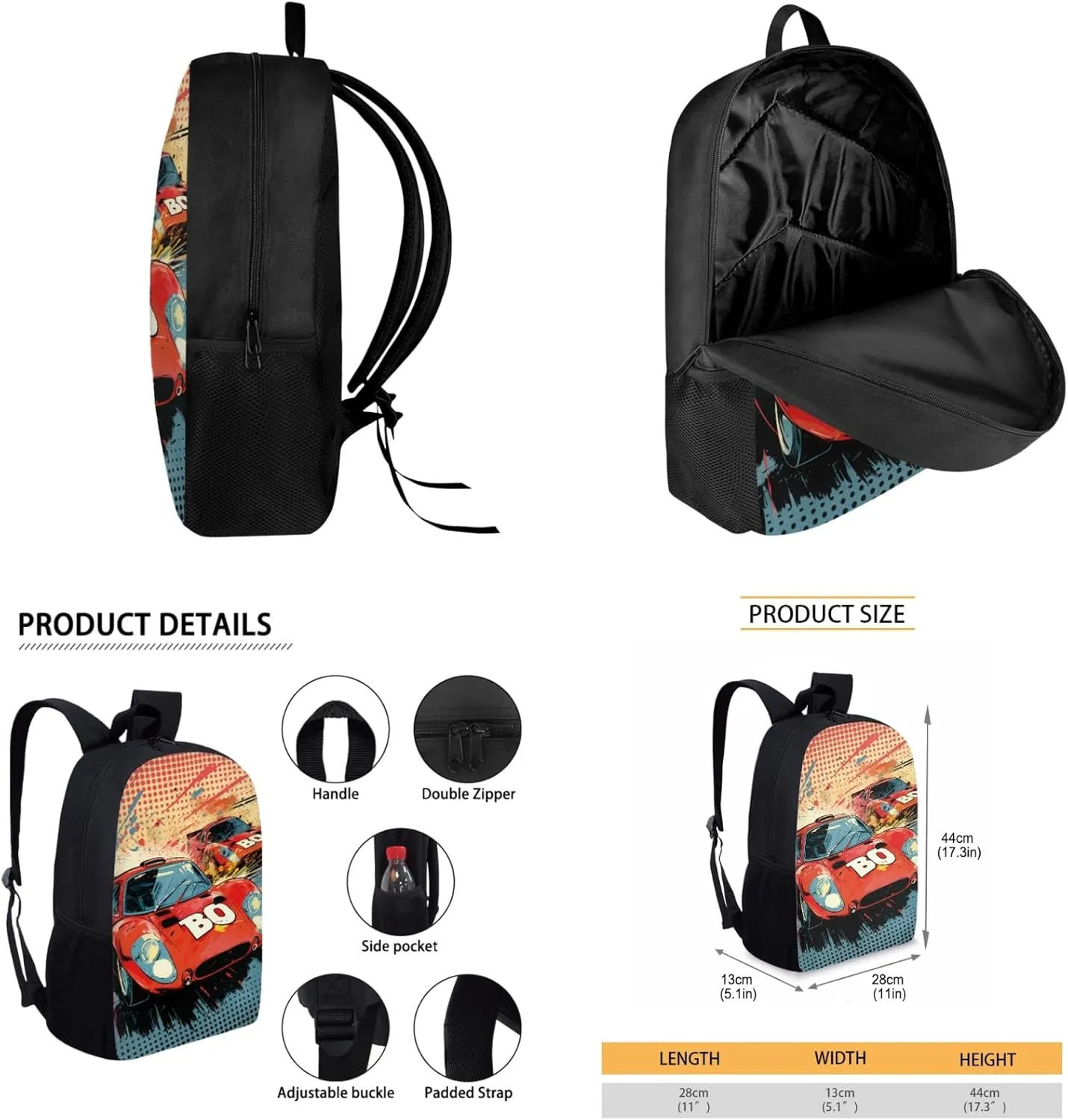 Car Backpack for 1St 2Nd Boys Bookbag with Lunch Bag Set,17 Inch School Bag for 3-12 Years Kids Cool Book Bags with Water Bottle for Children Back to School Gifts