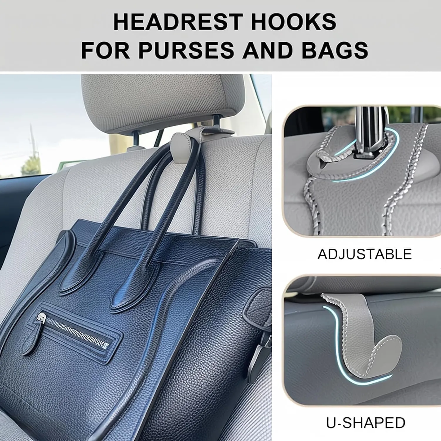 Car Seat Hooks for Purses and Bags, 4 Pack Car Purse Holder for Grocery Bag Handbag Clothes, Metal Headrest Hooks Covered by Leather, Gray