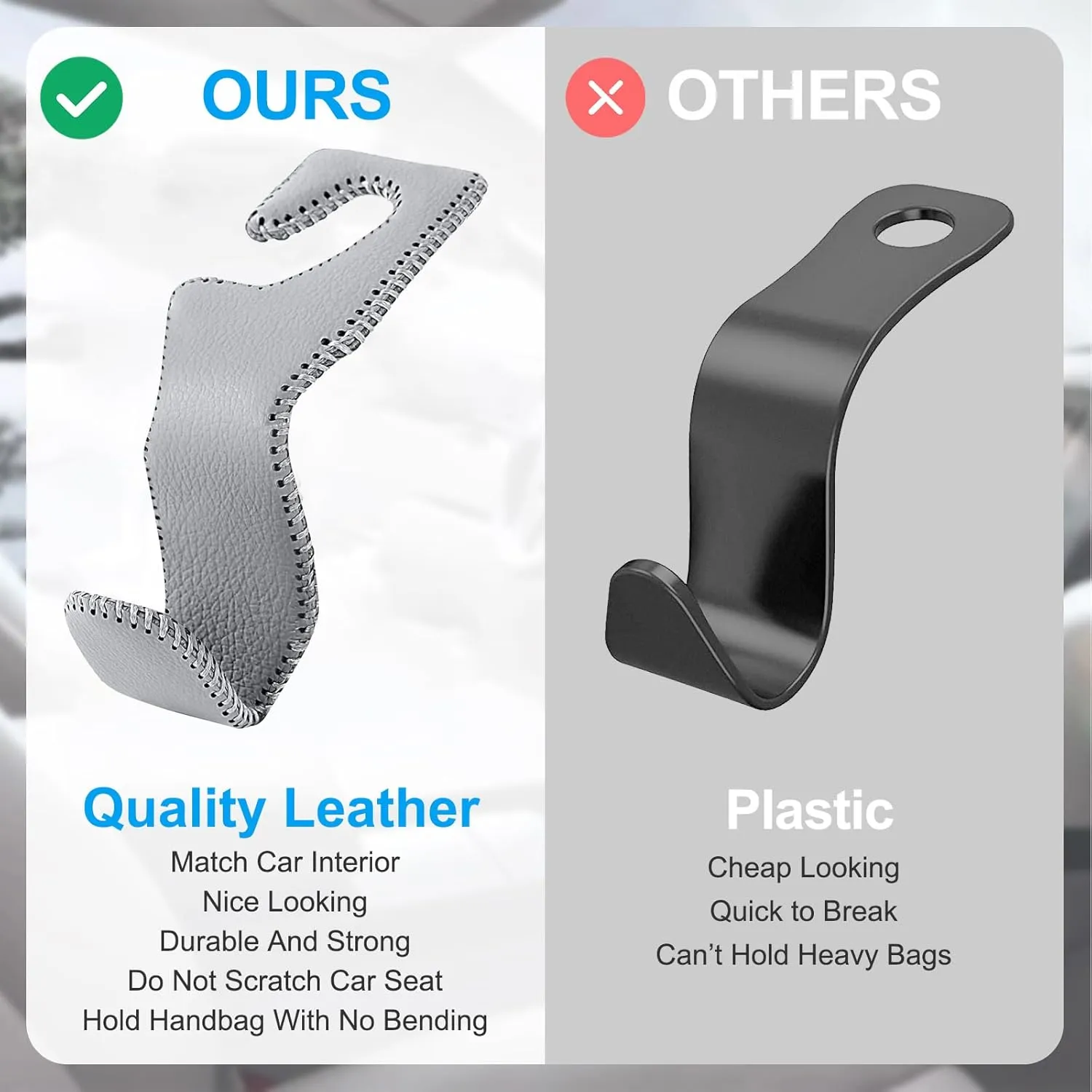 Car Seat Hooks for Purses and Bags, 4 Pack Car Purse Holder for Grocery Bag Handbag Clothes, Metal Headrest Hooks Covered by Leather, Gray