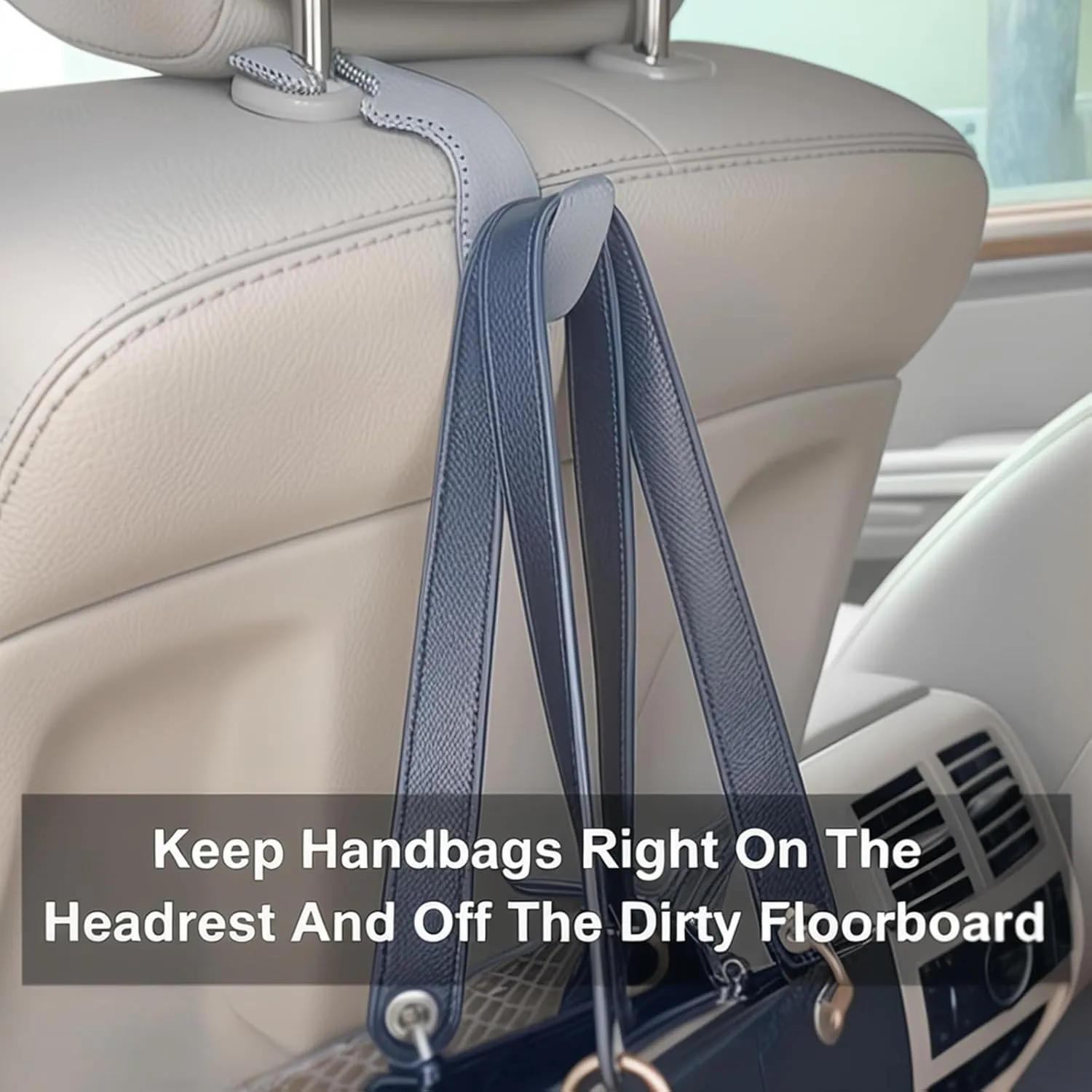 Car Seat Hooks for Purses and Bags, 4 Pack Car Purse Holder for Grocery Bag Handbag Clothes, Metal Headrest Hooks Covered by Leather, Gray