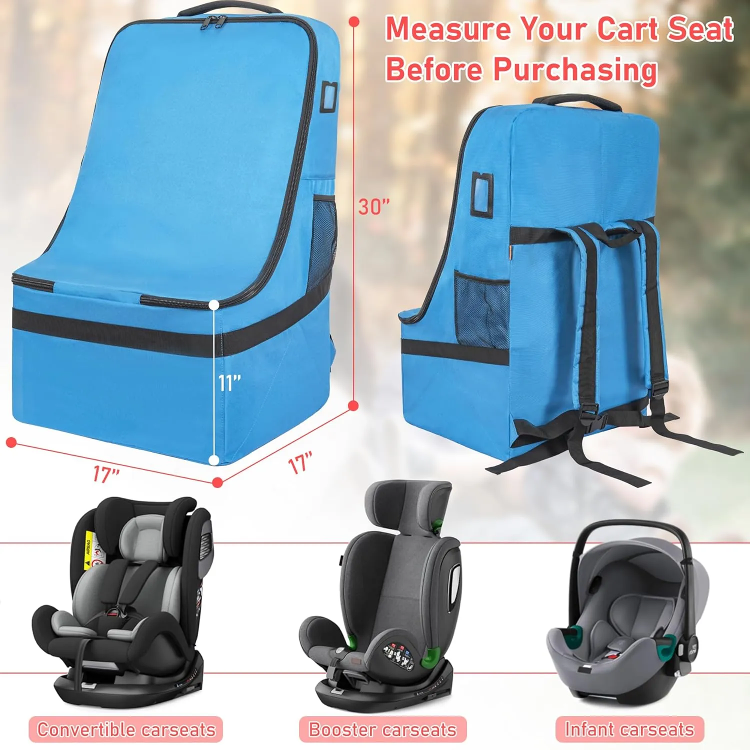 Car Seat Travel Bag Heavy Duty Car Seat Bag for Airplane Gate Check Car Seat Backpack with Shoulder Strap, Blue